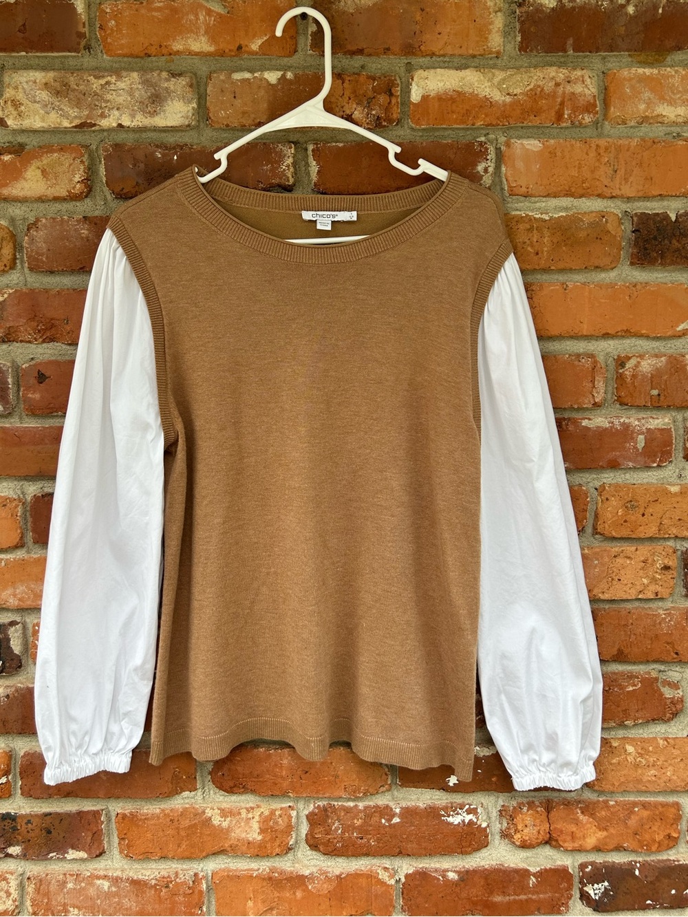 Chico's Layered Knit Top Mixed Media Tan Knit with White Balloon Sleeves M/1
